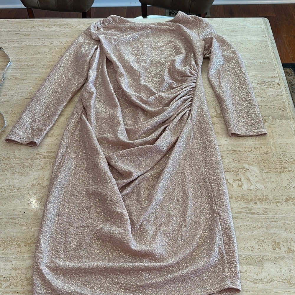 Flounce London soft metallic pink MIDI Dress W/ Ruched Side (US14) maternity
